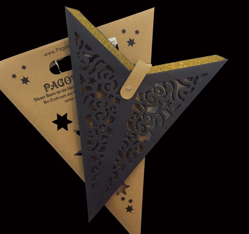 Kala Schwarz / Goldglitter  - Faltbarer Leuchtstern, Weihnachtsstern aus Papier mit 5 Zacken, 60 cm